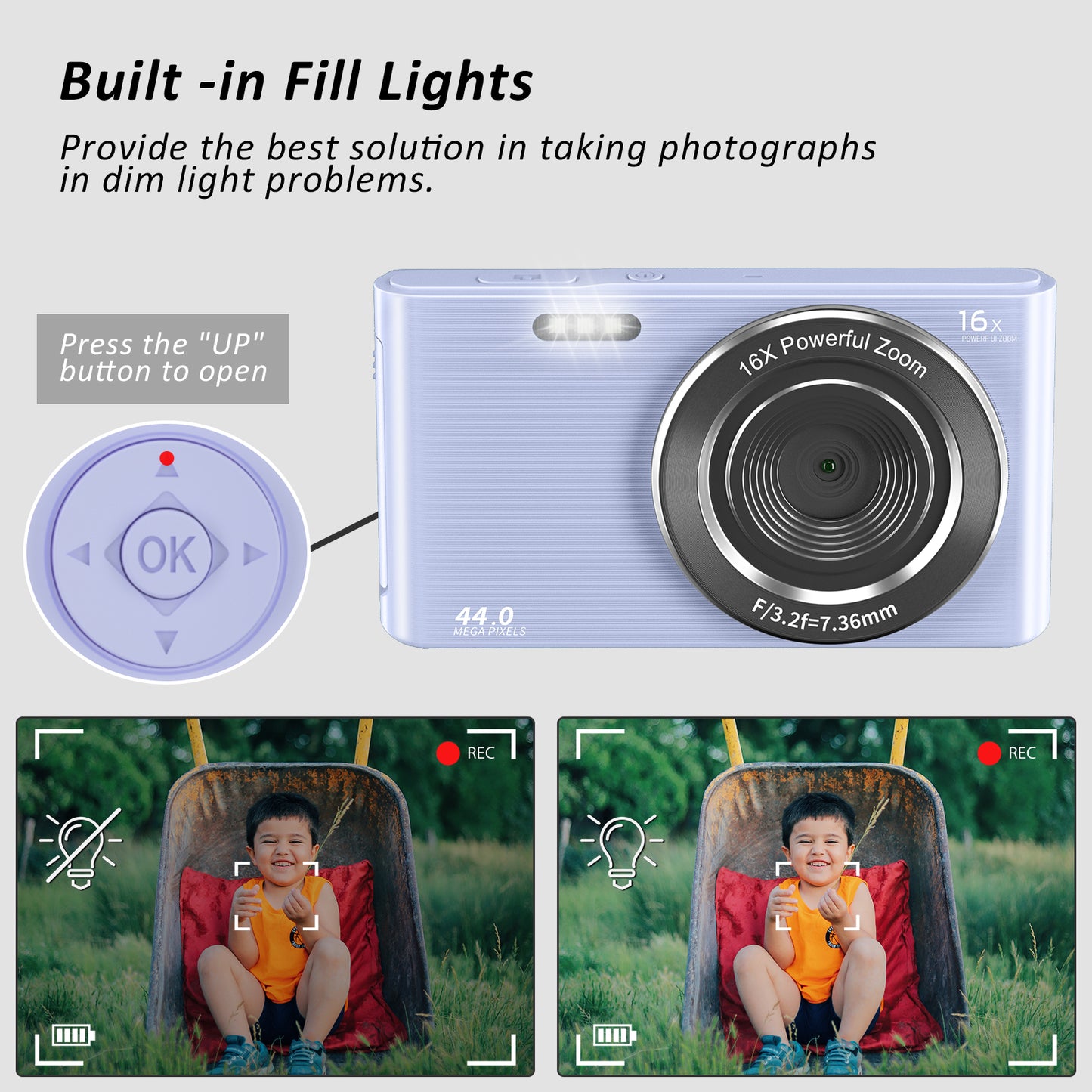 Digital Camera 4K 44MP Kids Camera with 32GB SD Card 2.4 Inch Point and Shoot Camera with 16X Digital Zoom Compact Mini Camera for Students Seniors (Blue)