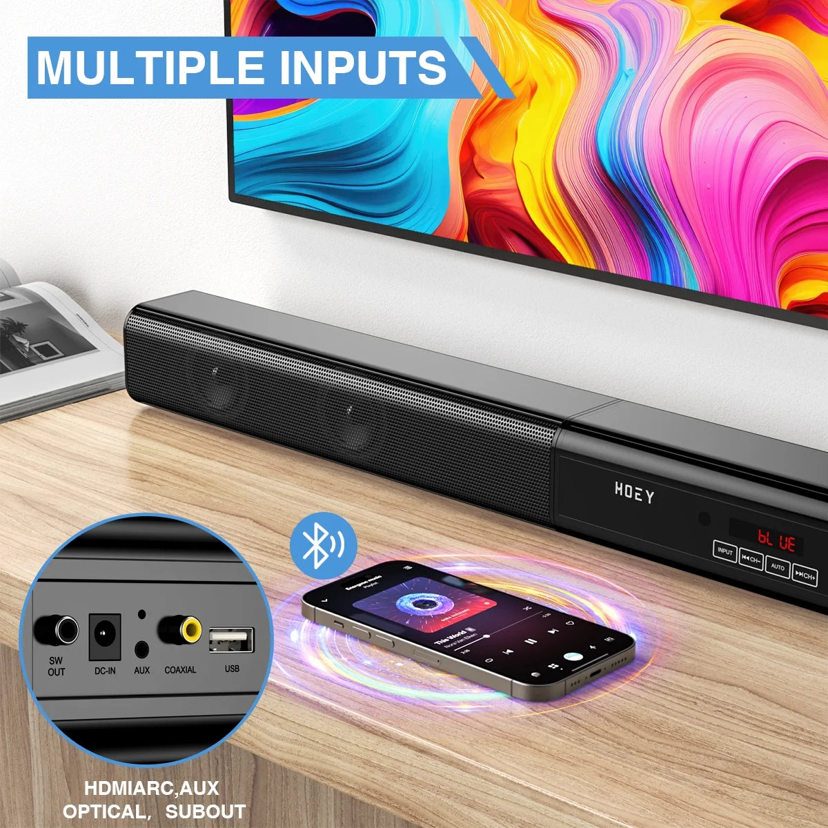 60W Sound Bars for TV with Subwoofer, 2.1 Deep Bass Small Soundbar Monitor Speaker Home Theater Surround System PC Gaming Bluetooth/Aux/Optical Connection, Wall Mountable