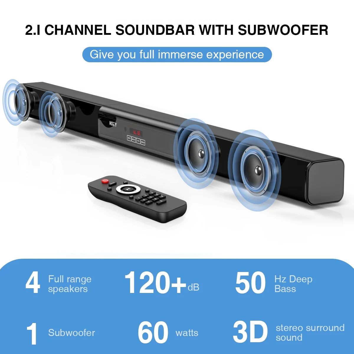 60W Sound Bars for TV with Subwoofer, 2.1 Deep Bass Small Soundbar Monitor Speaker Home Theater Surround System PC Gaming Bluetooth/Aux/Optical Connection, Wall Mountable